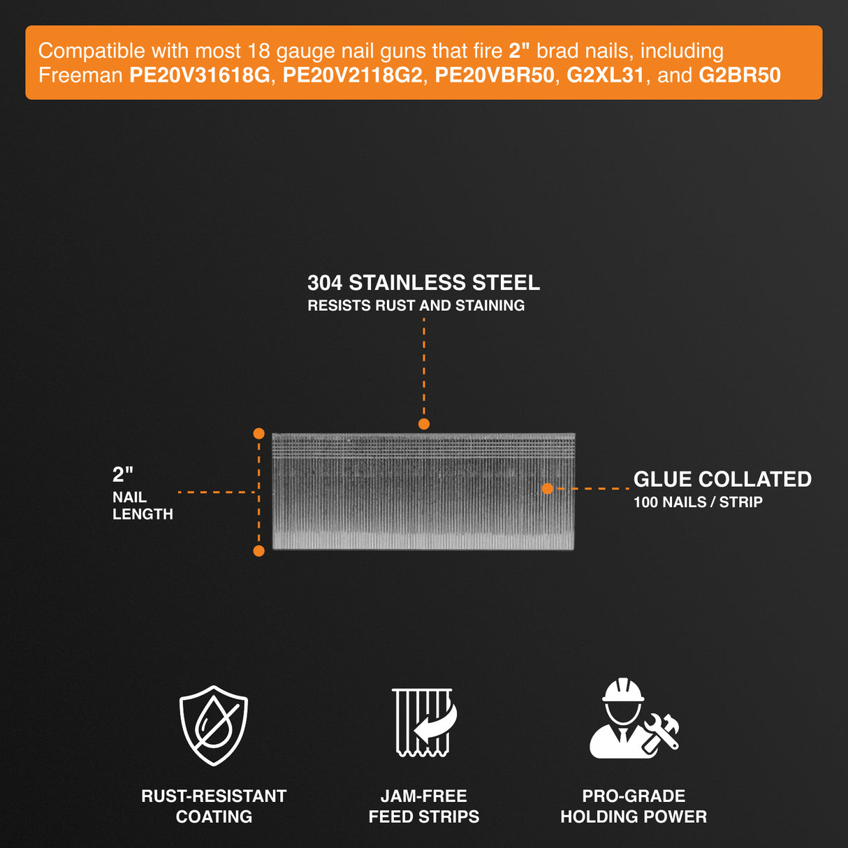 SSBN18-2 18-Gauge 2" Glue Collated Stainless Steel Brad Nails (1000 Count)