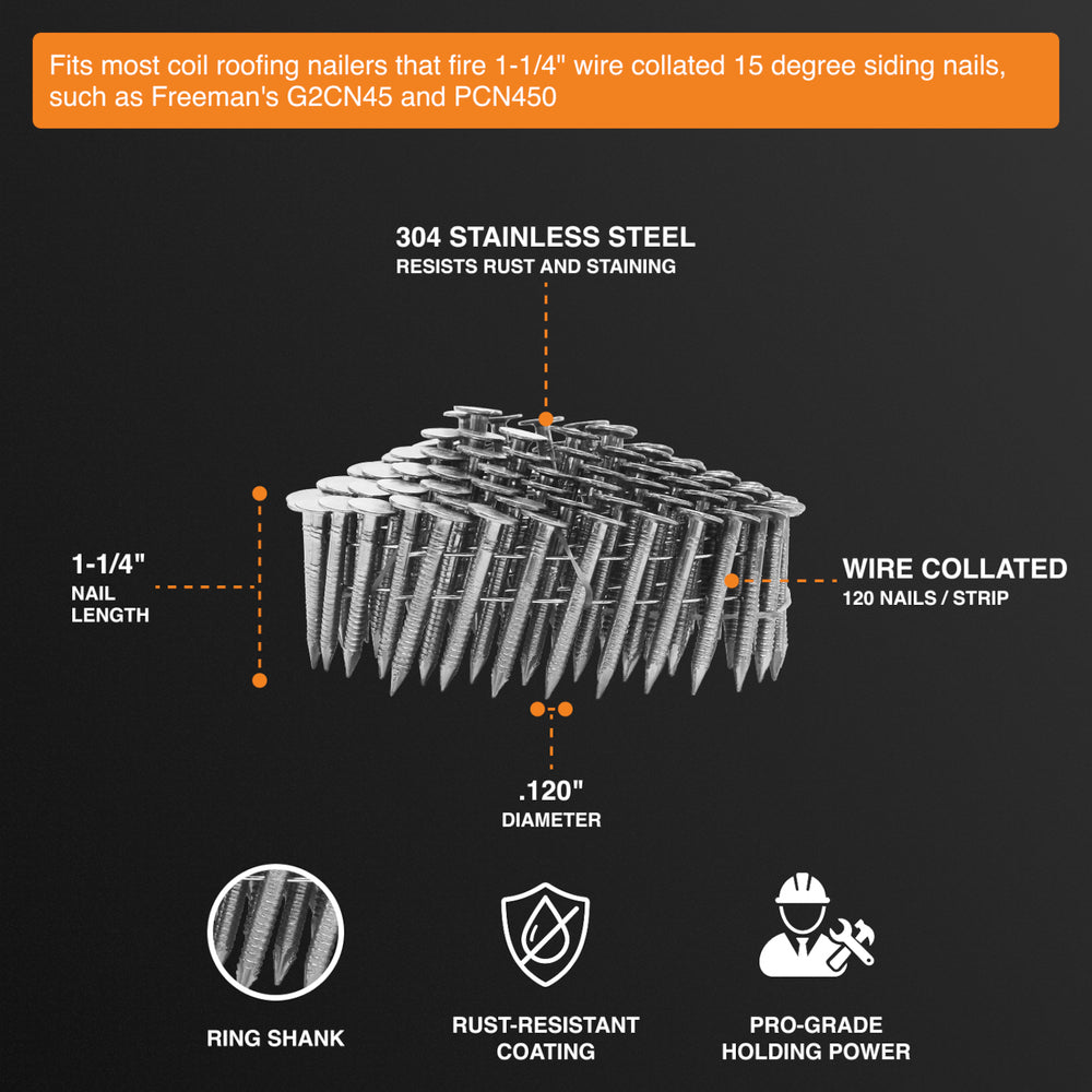 SSRN-125C36 15 Degree 1-1/4" x 0.120" Wire Collated Stainless Steel Coil Roofing Nails (3600 Count)