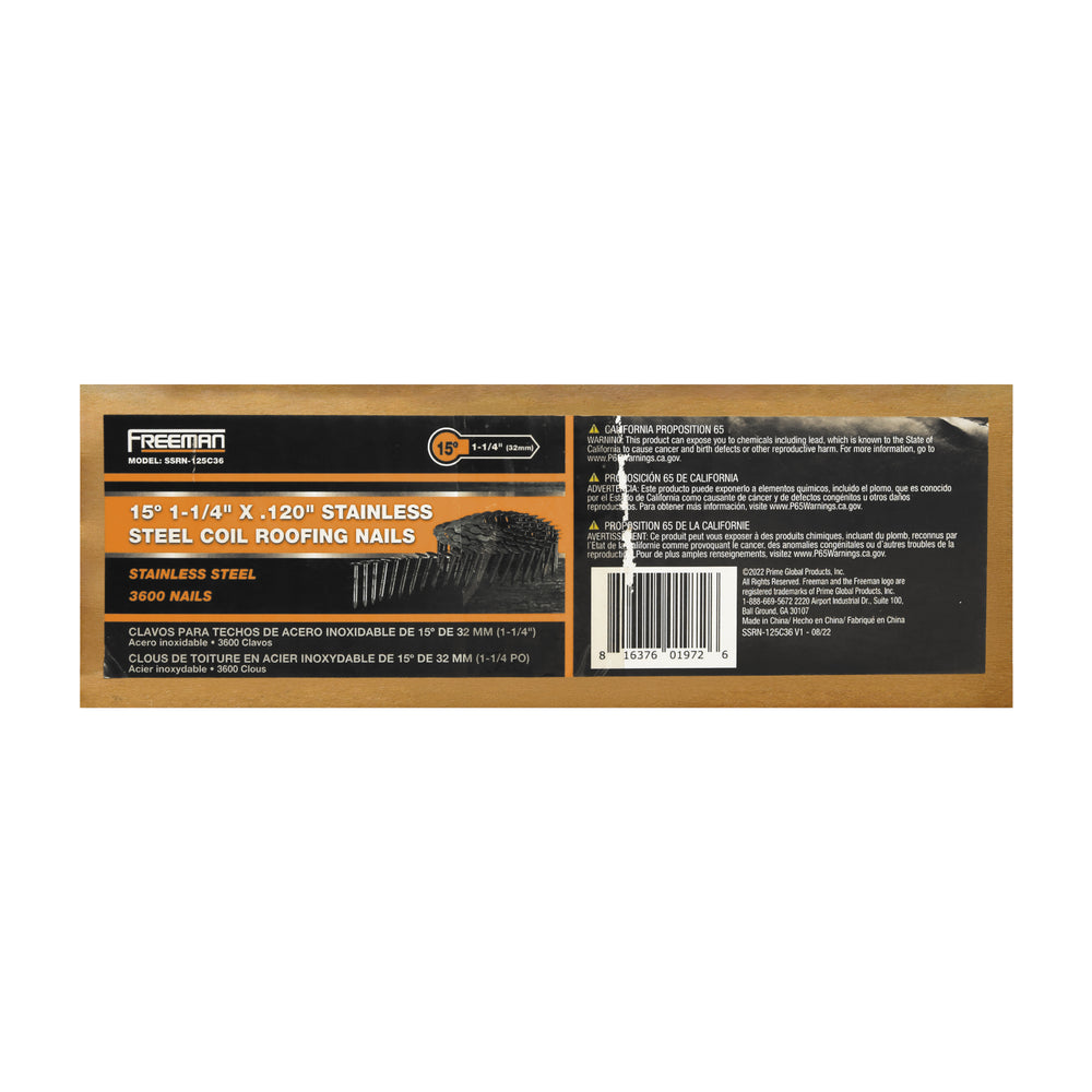 15 Degree 1-1/4" x 0.120" Wire Collated Stainless Steel Coil Roofing Nails (3600 Count)