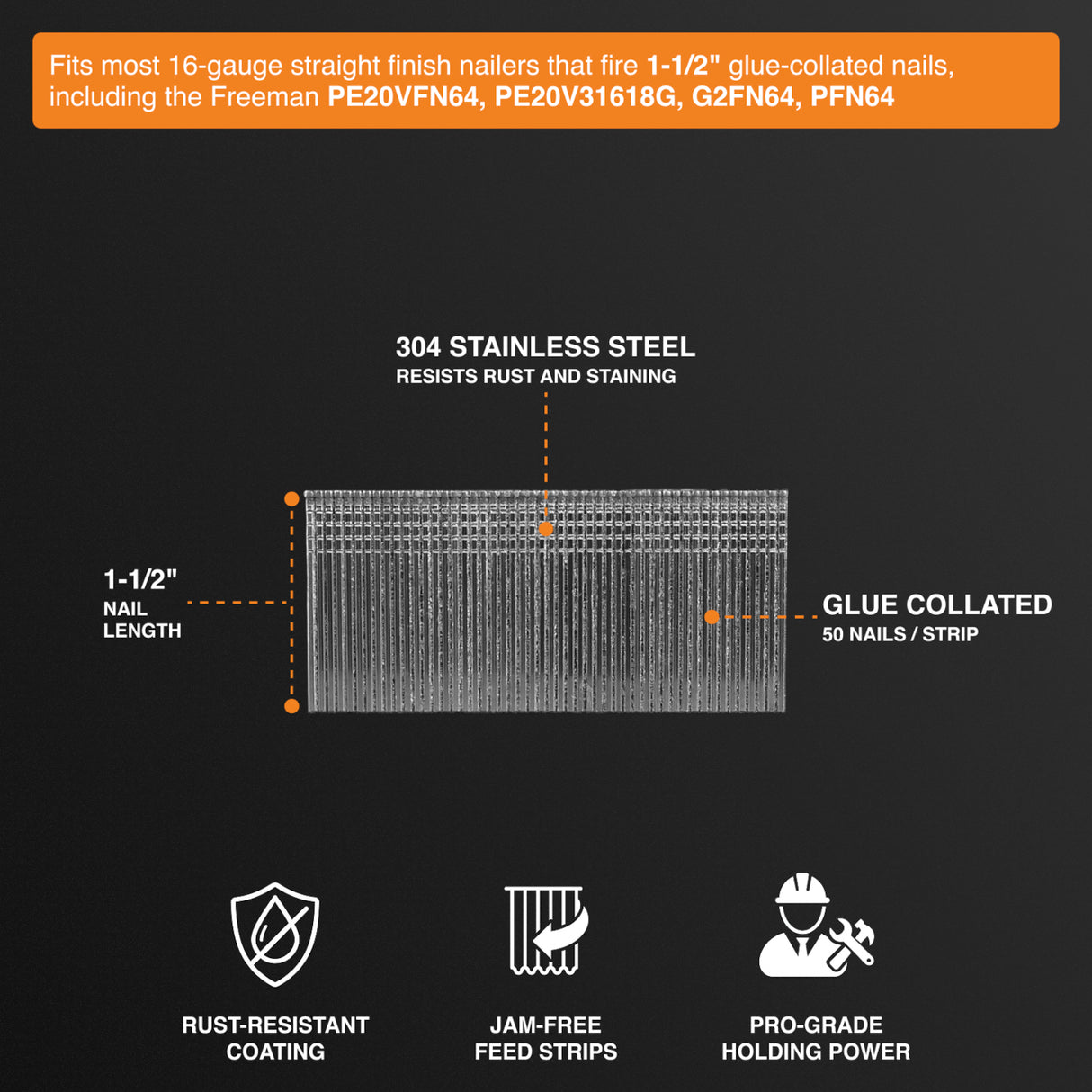 SSSF16-15 16-Gauge 1-1/2" Glue Collated Stainless Steel Straight Finish Nails (1000 Count)