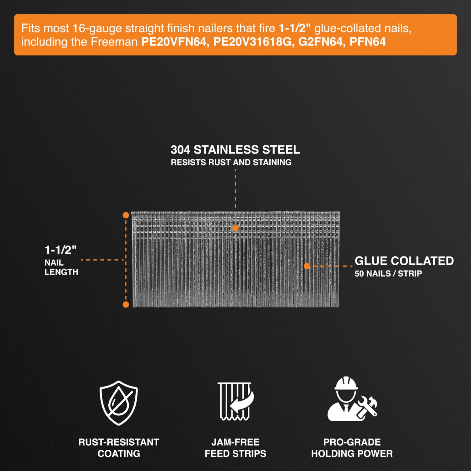 SSSF16-15 16-Gauge 1-1/2" Glue Collated Stainless Steel Straight Finish Nails (1000 Count)