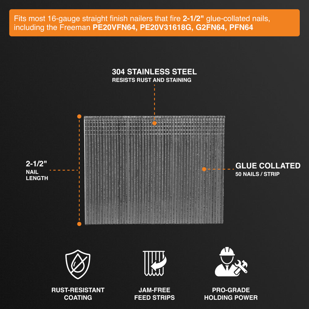 SSSF16-25 16-Gauge 2-1/2" Glue Collated Stainless Steel Straight Finish Nails (1000 Count)
