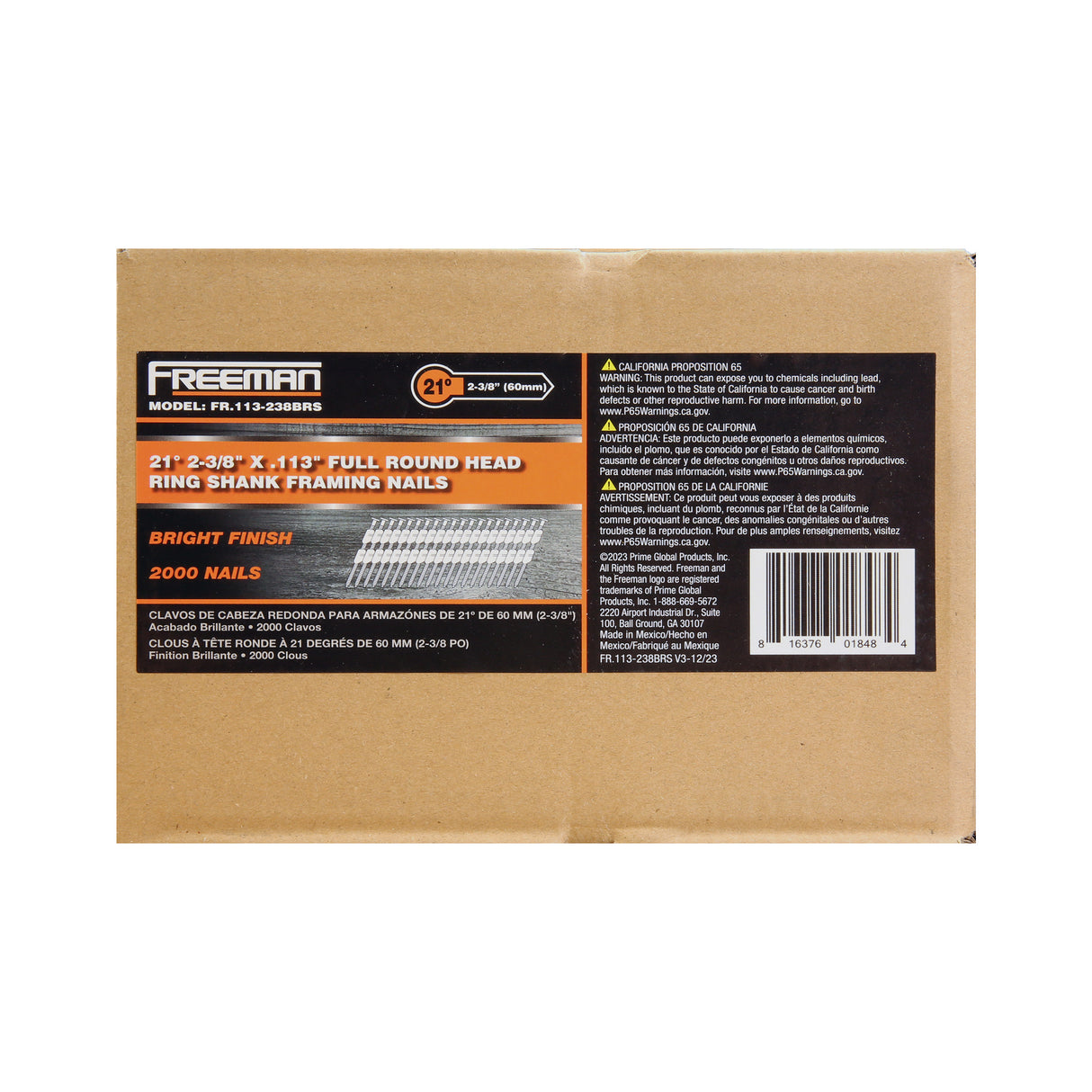 FR.113-238BRS 21 Degree .113" x 2-3/8" Plastic Collated Bright Finish Ring Shank Full Round Head Framing Nails (2000 Count)