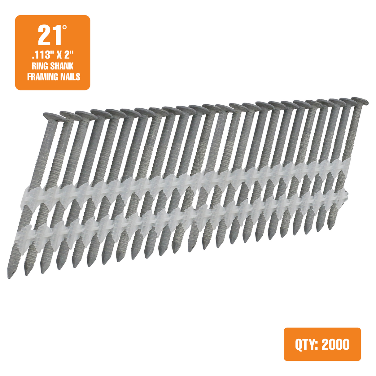 21 Degree .113" x 2" Plastic Collated Galvanized Ring Shank Full Round Head Framing Nails (2000 Count)