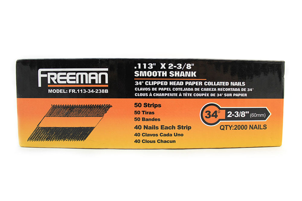 FR.113-34-238B 34 Degree .113" x 2-3/8" Paper Collated Bright Finish Smooth Shank Clipped Head Framing Nails (2000 Count)