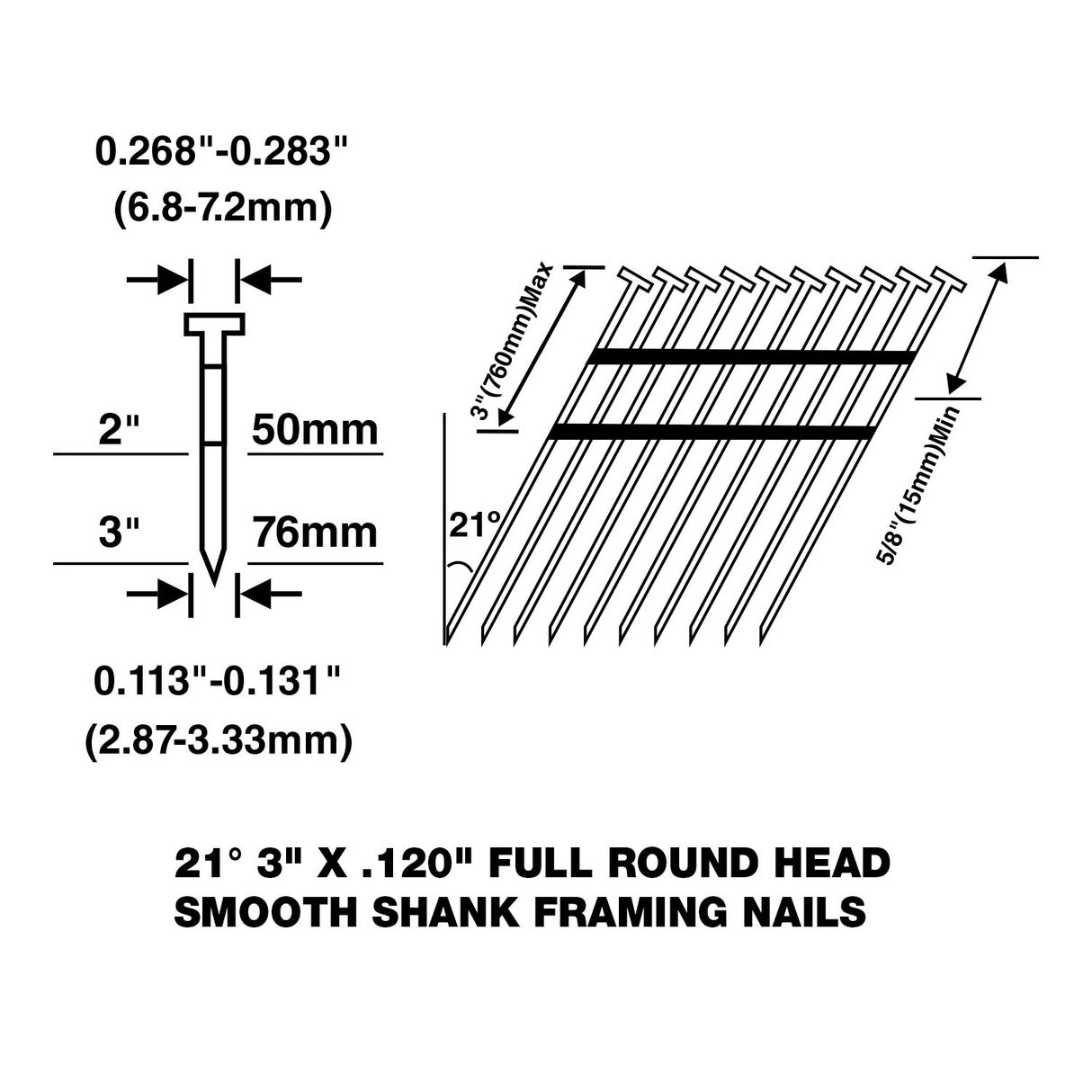 FR21120-3B 21 Degree .120" x 3" Plastic Collated Bright Finish Smooth Shank Full Round Head Framing Nails (2000 Count)