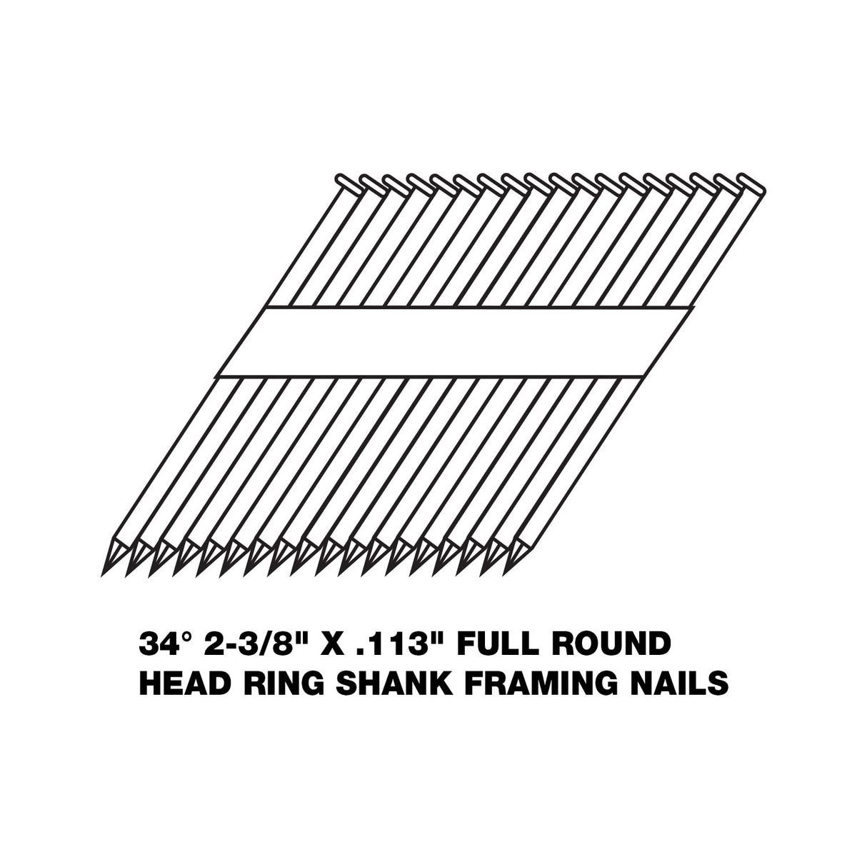 FR34113-238BRS 34 Degree .113" x 2-3/8" Paper Collated Bright Finish Ring Shank Clipped Head Framing Nails (2000 Count)