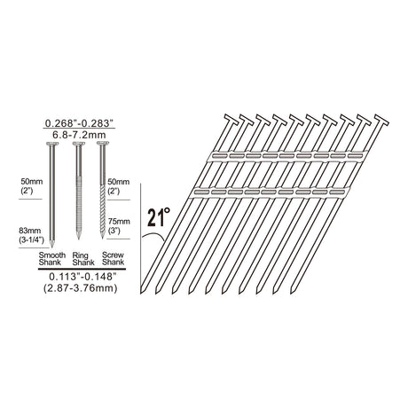 21 Degree 2-3/8" Plastic Collated Smooth Shank Full Round Head Framing Nails (500 Count)