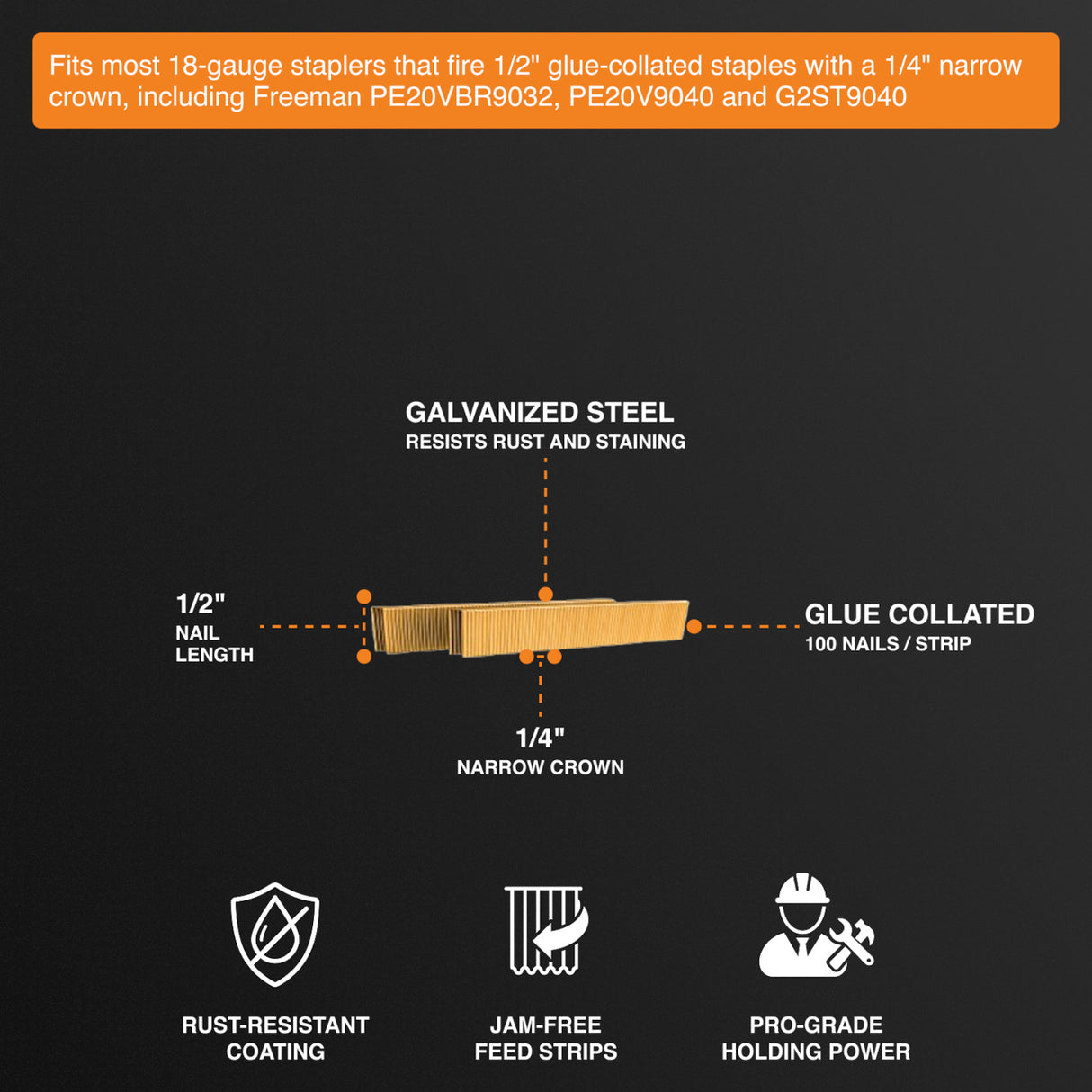 18-Gauge 1/2" Glue Collated Galvanized Narrow Crown Staples (1000 Count)