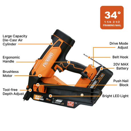 20V Cordless and Brushless 34° 3-1/2" Framing Nailer Kit