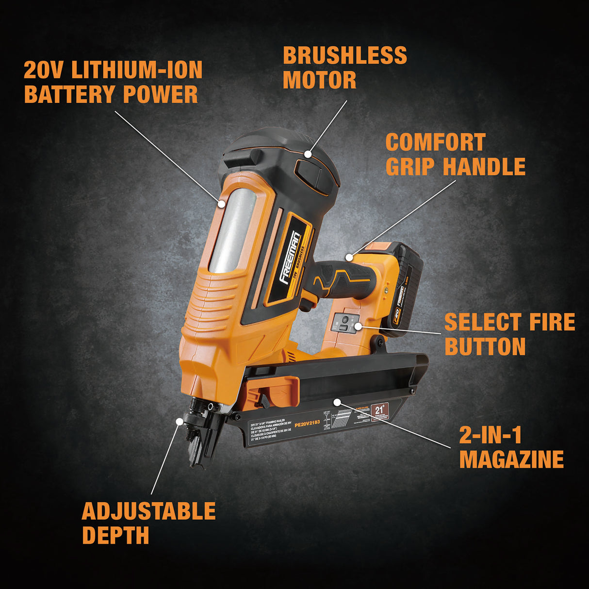 PE20V2183 20 Volt Cordless and Brushless 21 Degree 3-1/4" Framing Nailer Kit