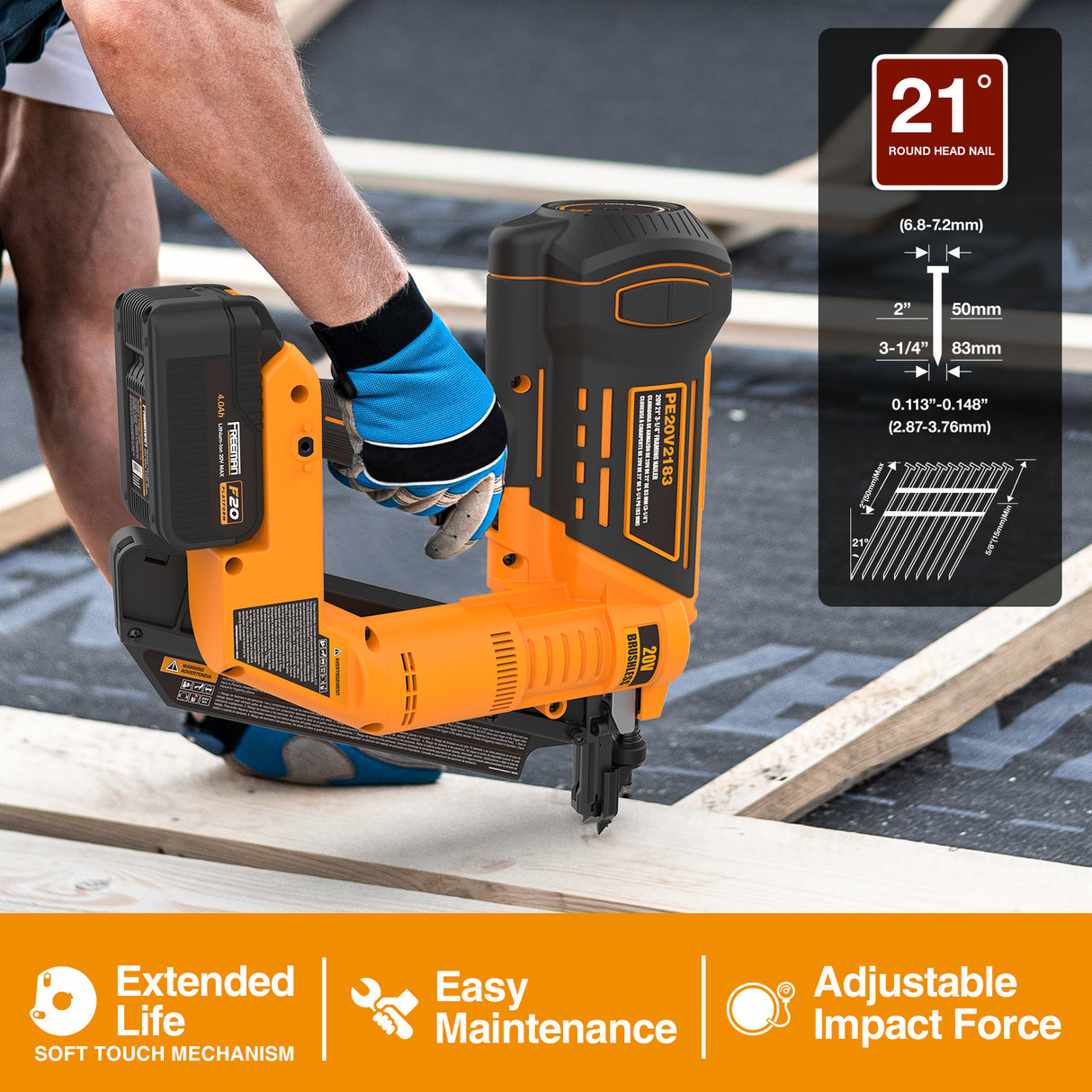 20V Cordless and Brushless 21 Degree 3-1/4" Framing Nailer (Tool Only), PE20VT2183