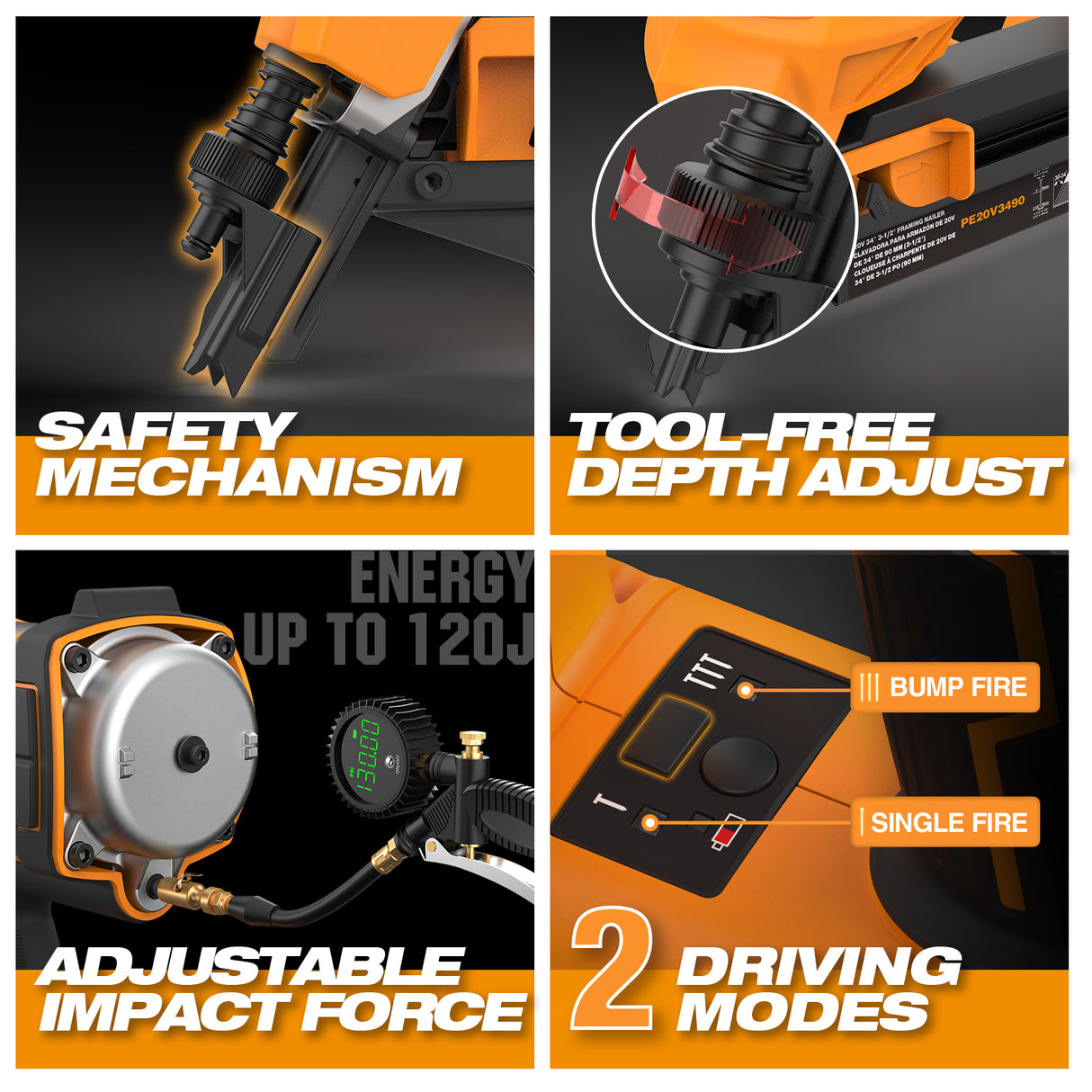 20V Cordless and Brushless 21 Degree 3-1/4" Framing Nailer (Tool Only), PE20VT2183