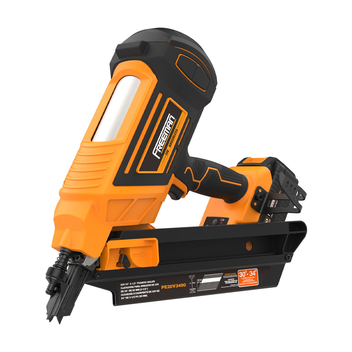 PE20V3490 20 Volt Cordless and Brushless 34 Degree 3-1/2" Framing Nailer Kit