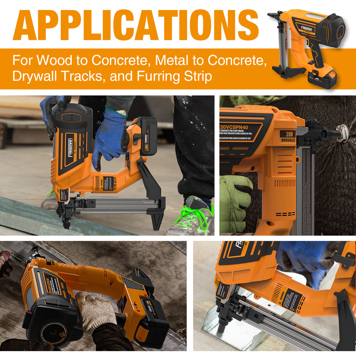 20V Cordless and Brushless 1-1/2" Concrete Strip Pin Nailer Kit, PE20VCSPN40