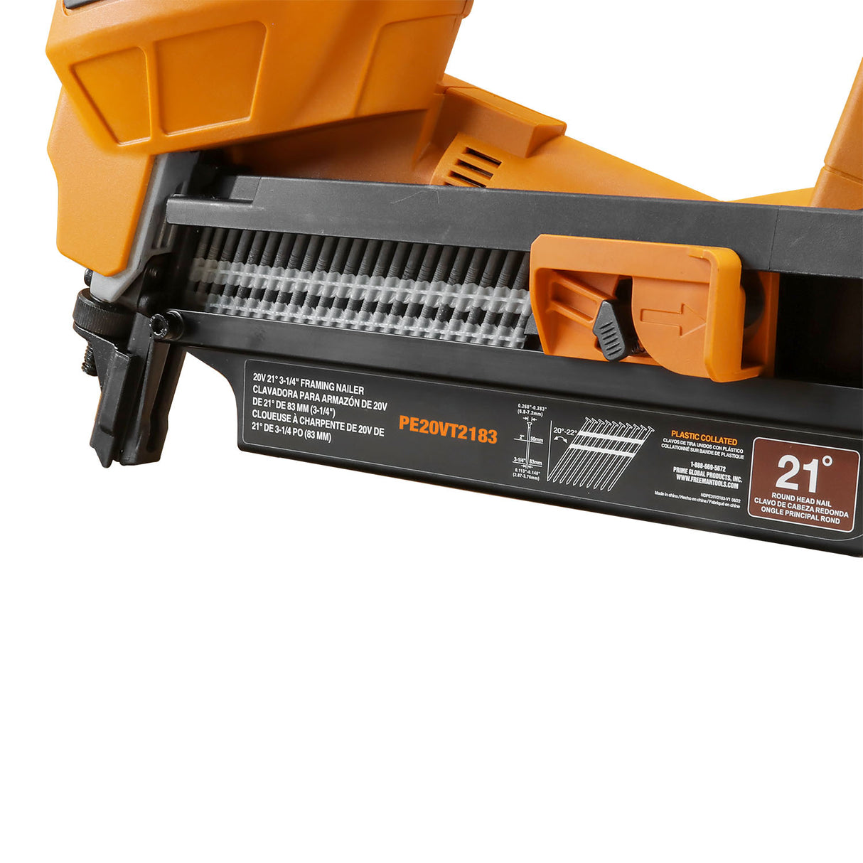 PE20VT2183 20 Volt Cordless and Brushless 21 Degree 3-1/4" Framing Nailer (Tool Only)