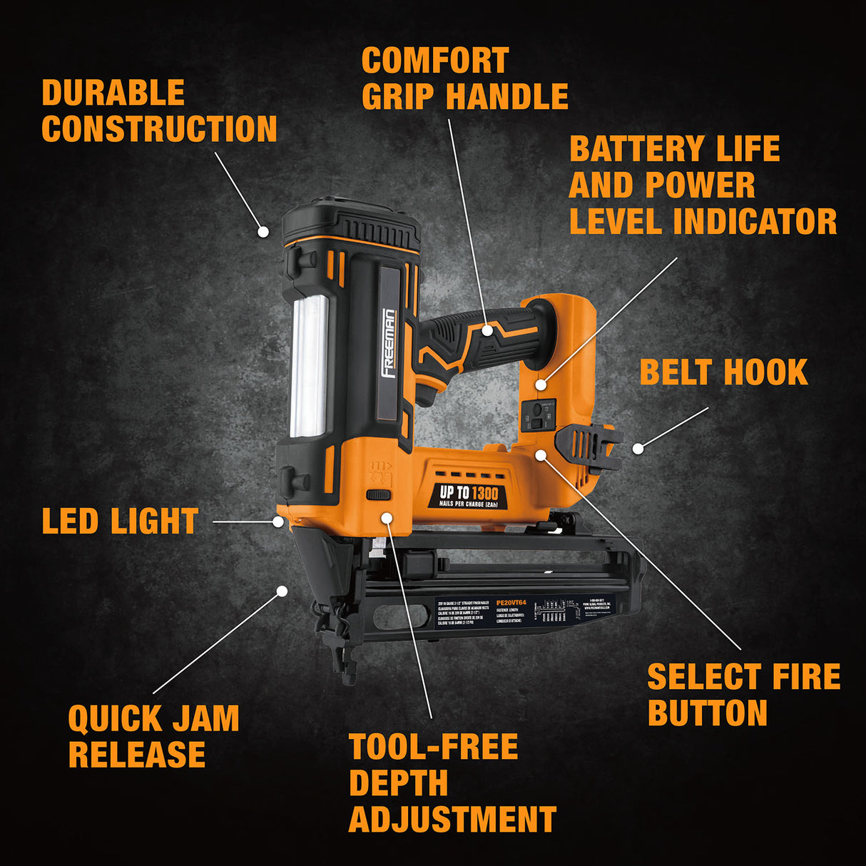 PE20VT64 20 Volt Cordless 16-Gauge 2-1/2" Straight Finish Nailer (Tool Only)