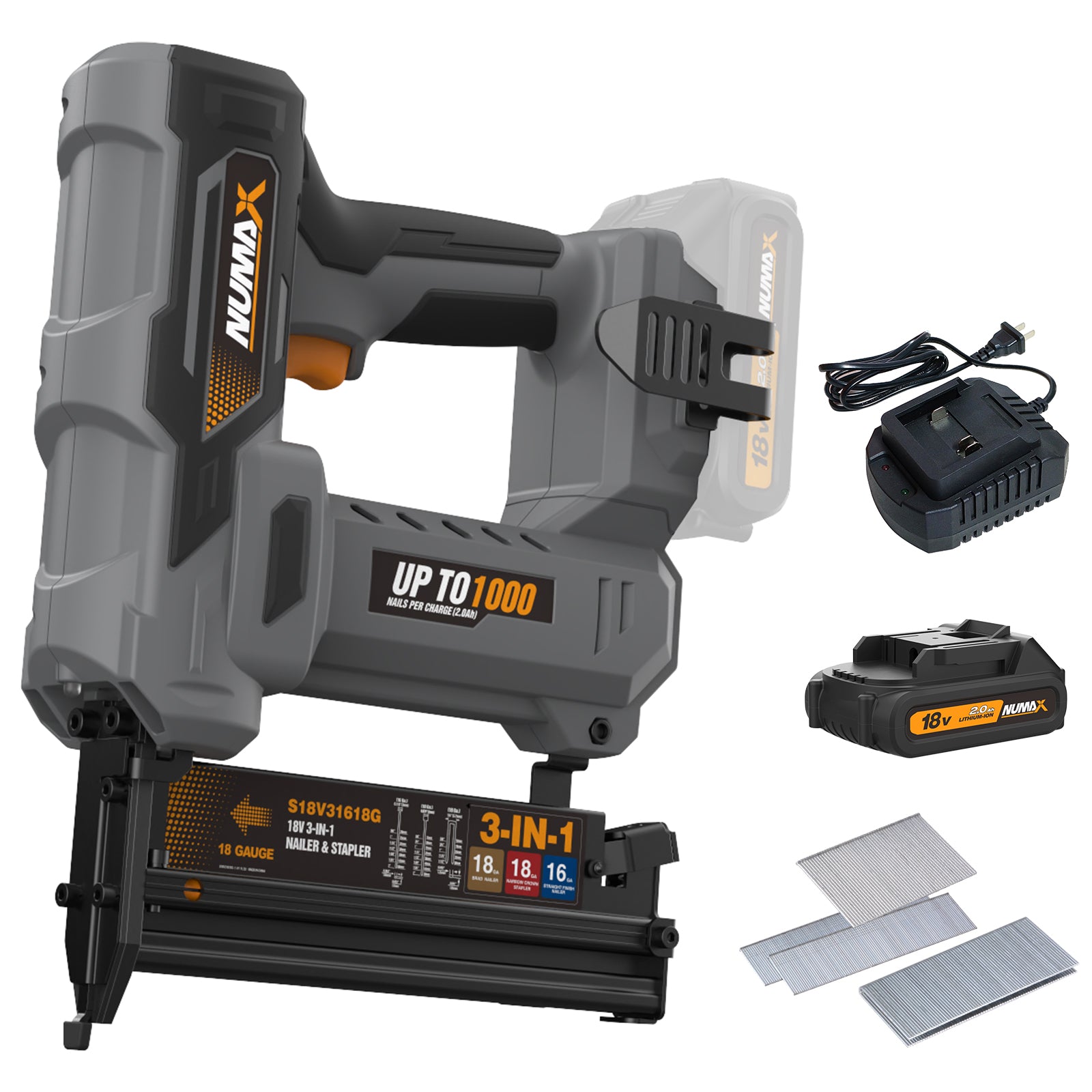 18V Cordless 3-in-1 16 & 18 Gauge Finish Nailer, Brad Nailer, and