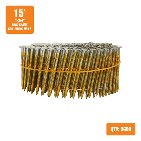 15 Degree 1-3/4" Wire Collated Galvanized Ring Shank Coil Siding Nails (3600 Count)