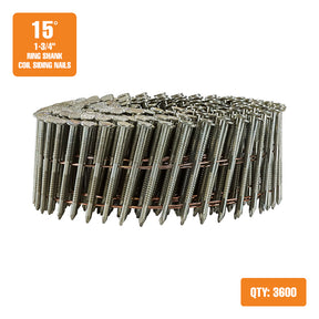 SNRSHDG92-134WC 15 Degree 1-3/4" Wire Collated Hot Dipped Galvanized Ring Shank Coil Siding Nails (3600 Count)