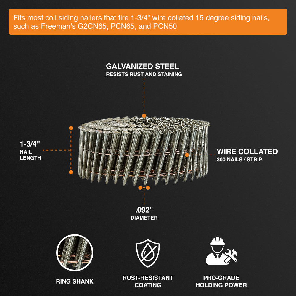15 Degree 1-3/4" Wire Collated Hot Dipped Galvanized Ring Shank Coil Siding Nails (3600 Count)
