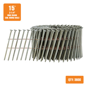 SNRSHDG92-225WC 15 Degree 2-1/4" Wire Collated Exterior Galvanized Ring Shank Coil Siding Nails (3600 Count)