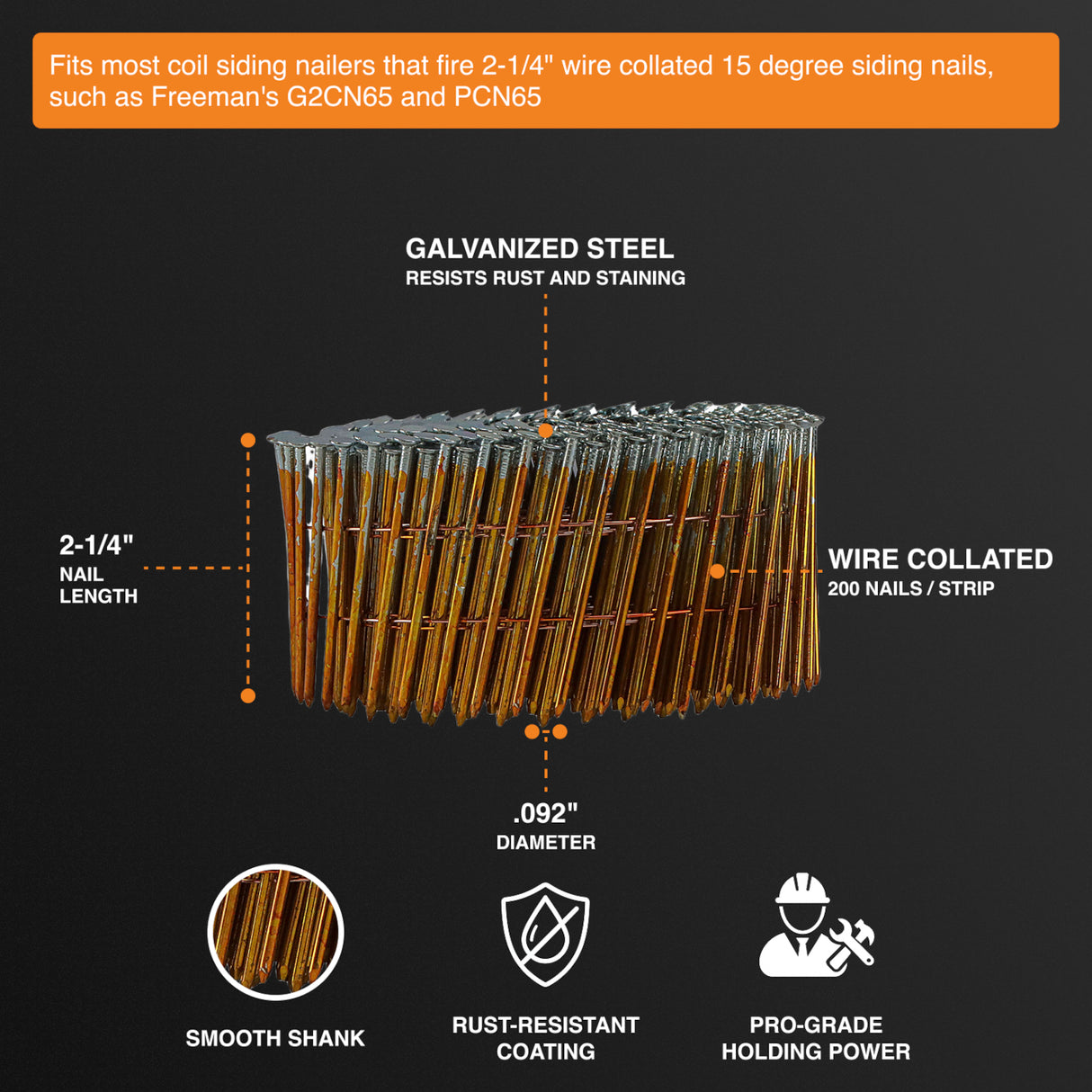 15 Degree 2-1/4" Wire Collated Galvanized Smooth Shank Coil Siding Nails (3600 Count)